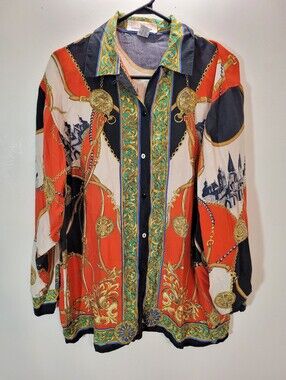 Vintage Stunt Collections Baroque Print Button-Up Red 100% Silk Blouse - Size M
